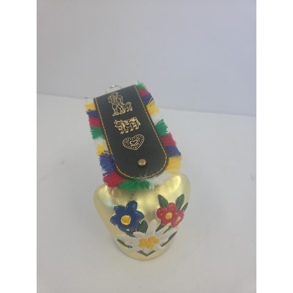 Vintage Swiss Cowbell w/ Edelweiss Floral Strap Decorative Alpine Bell